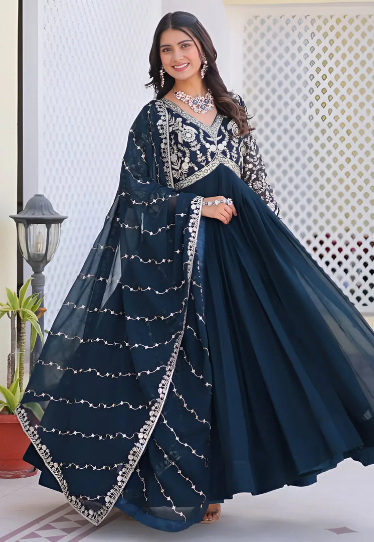 Blue Faux Georgette Readymade Long Anarkali Suit
