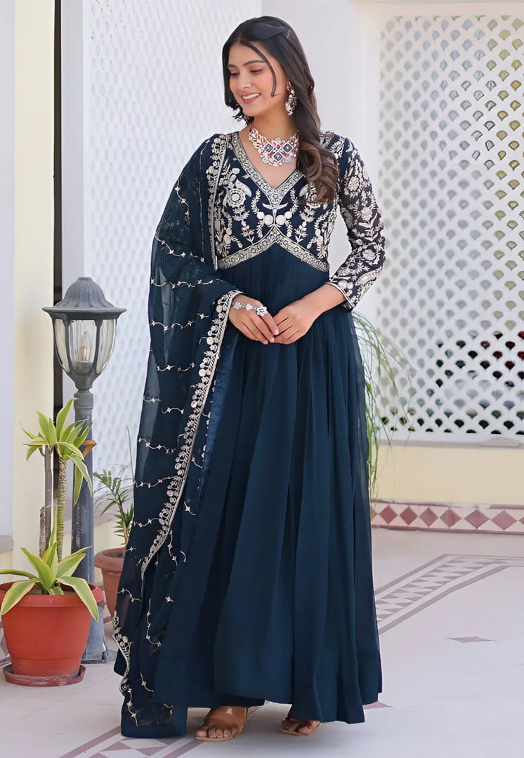 Blue Faux Georgette Readymade Long Anarkali Suit