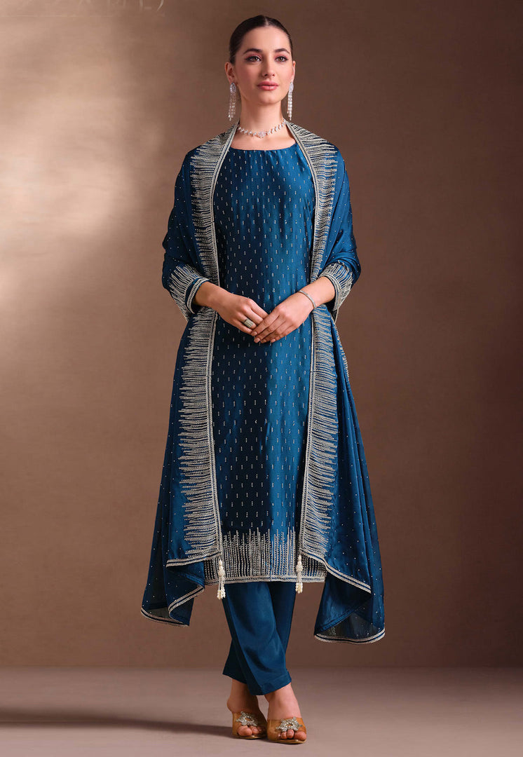 Blue Georgette Pant Style Suit