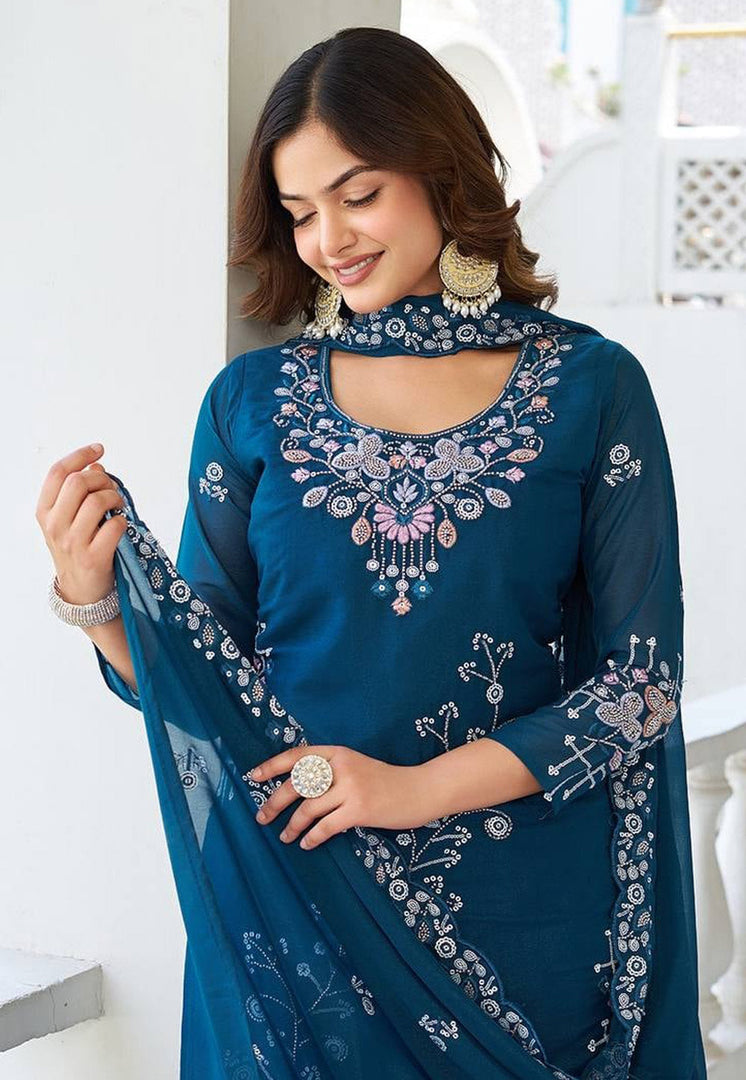 Blue Georgette Readymade Palazzo Suit