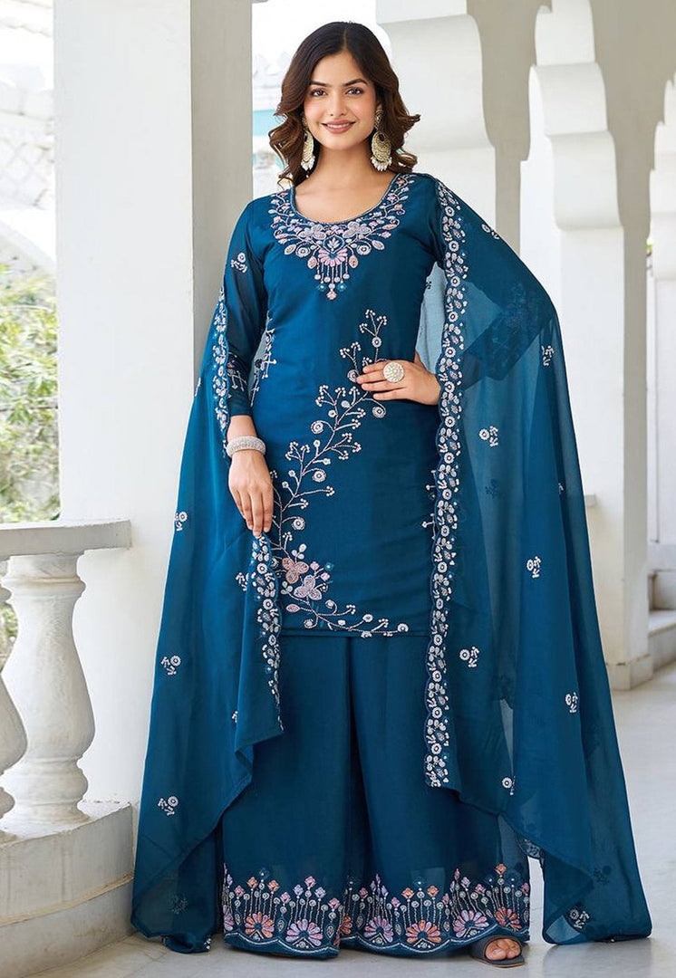 Blue Georgette Readymade Palazzo Suit