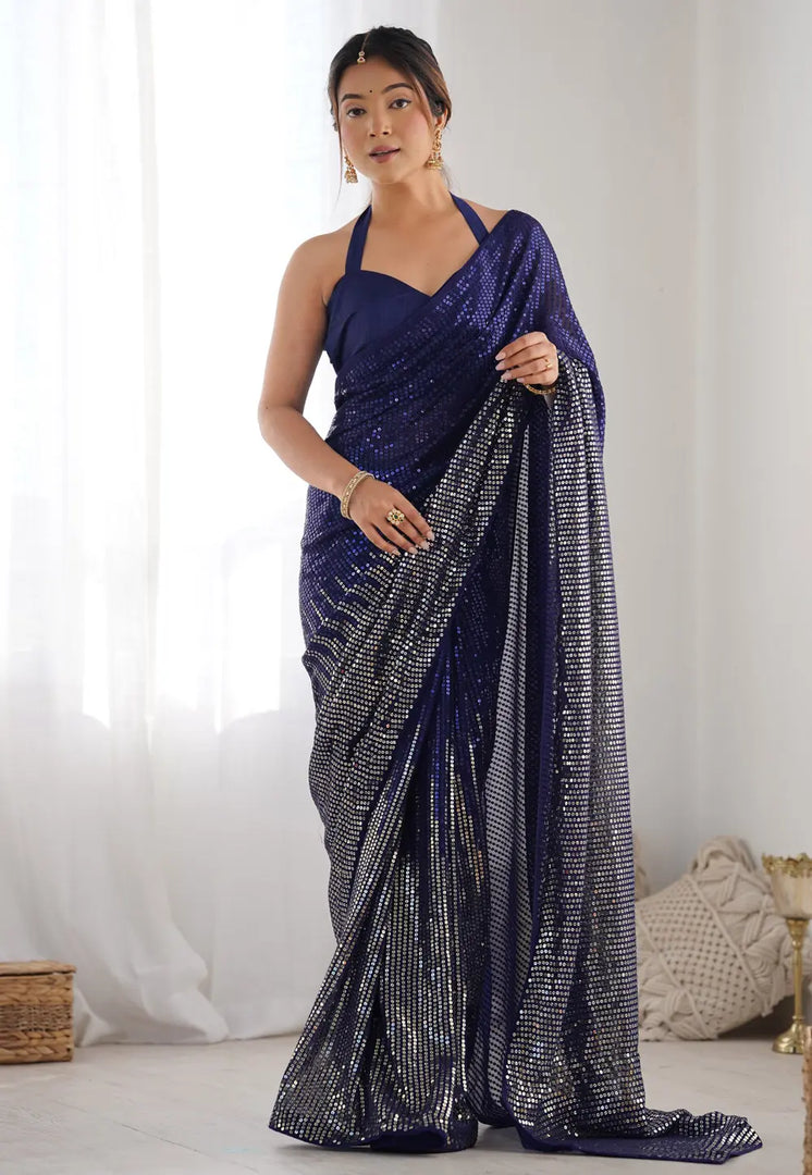 Blue Georgette Saree With Blouse
