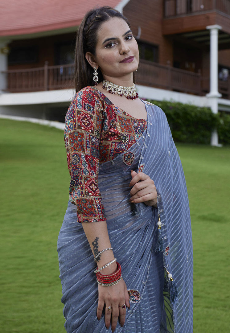 Blue Georgette Saree With Blouse