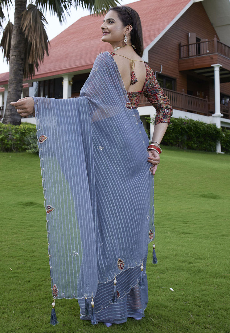 Blue Georgette Saree With Blouse