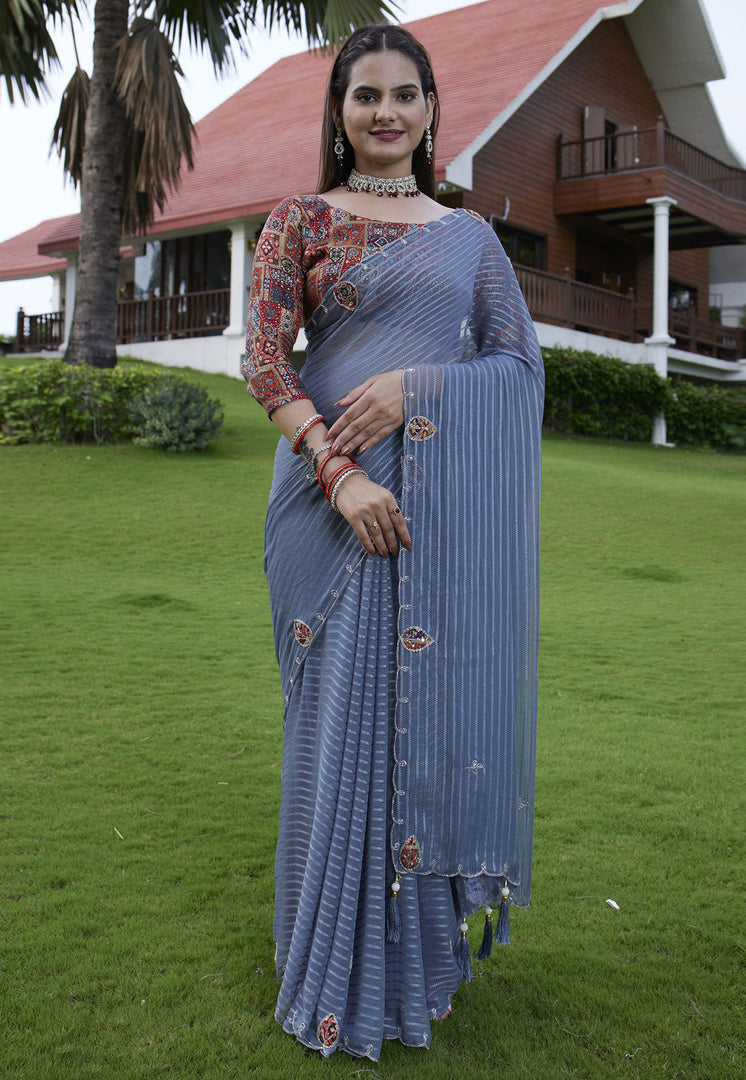 Blue Georgette Saree With Blouse