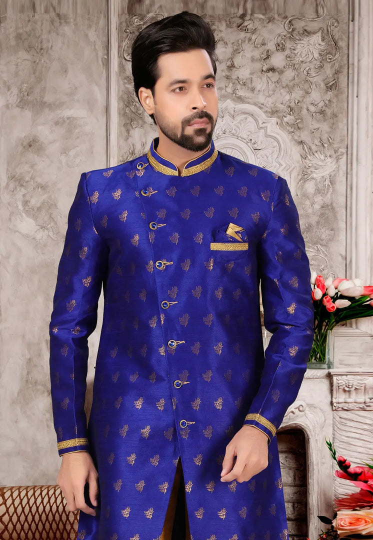 Blue Jacquard Indo Western Suit