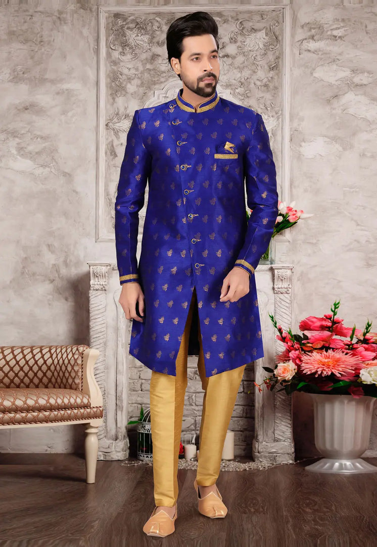 Blue Jacquard Indo Western Suit