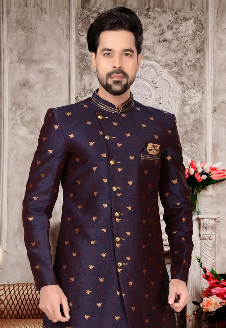 Blue Jacquard Indo Western Suit