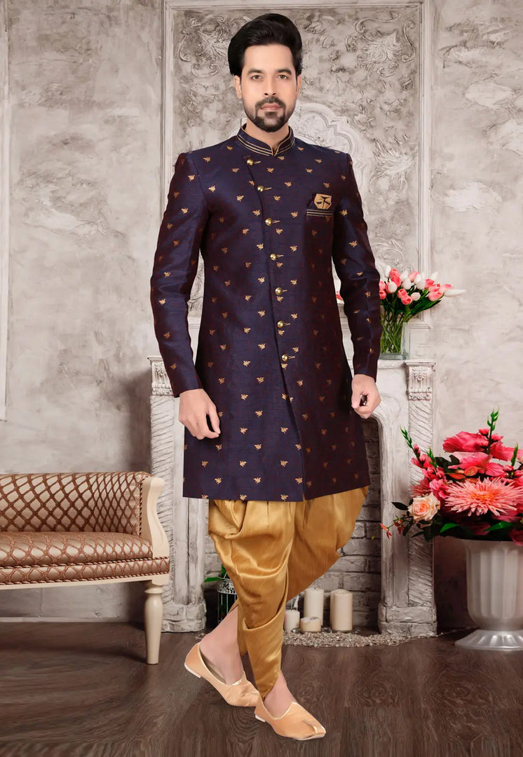 Blue Jacquard Indo Western Suit