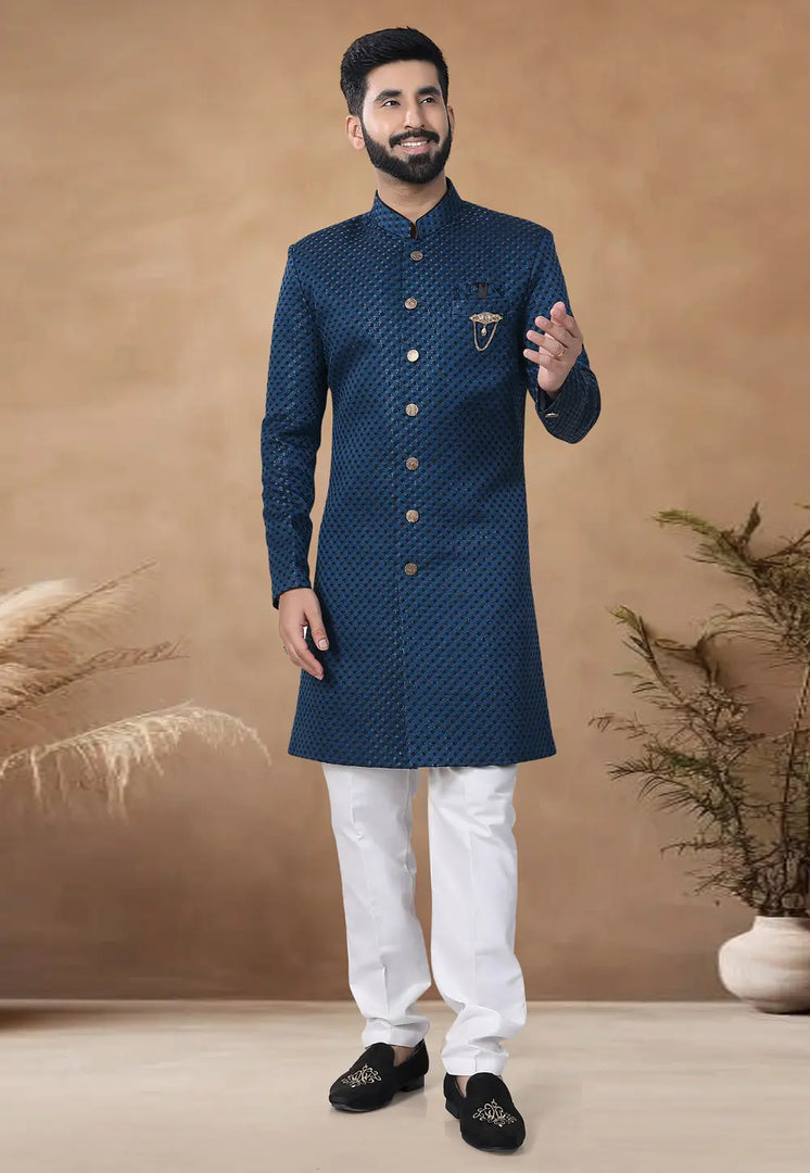 Blue Jacquard Indo Western Suit