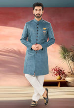 Load image into Gallery viewer, Blue Jacquard Indo Western Suit
