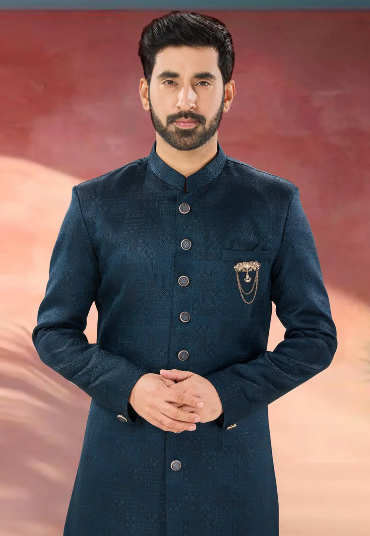 Blue Jacquard Indo Western Suit