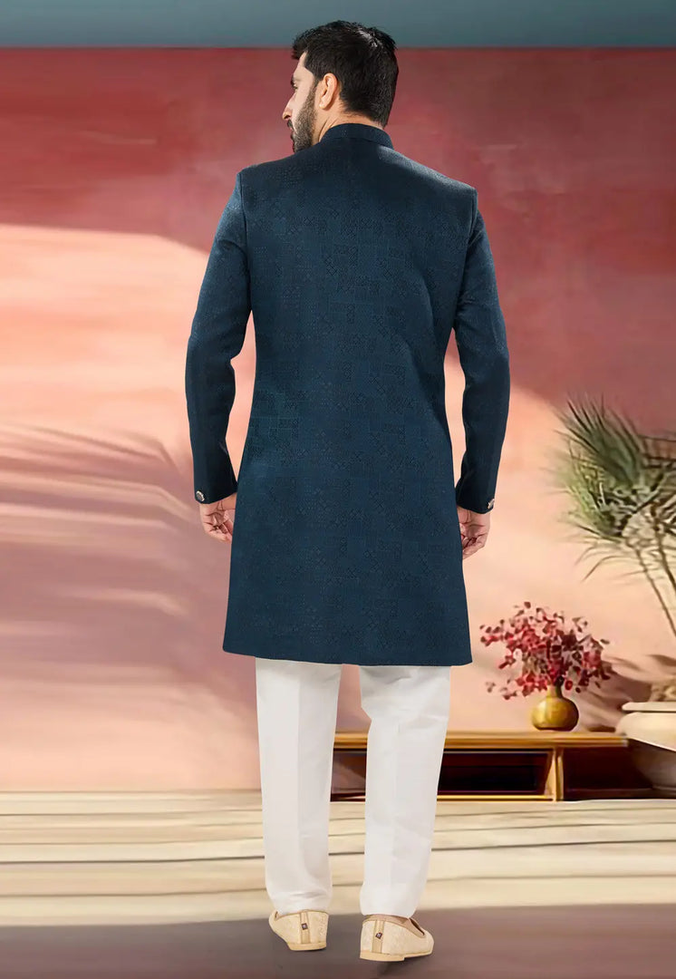 Blue Jacquard Indo Western Suit