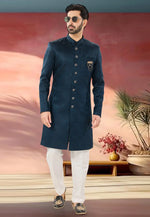 Load image into Gallery viewer, Blue Jacquard Indo Western Suit
