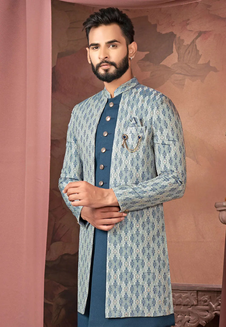 Blue Jacquard Jacket Style Sherwani