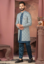 Load image into Gallery viewer, Blue Jacquard Jacket Style Sherwani
