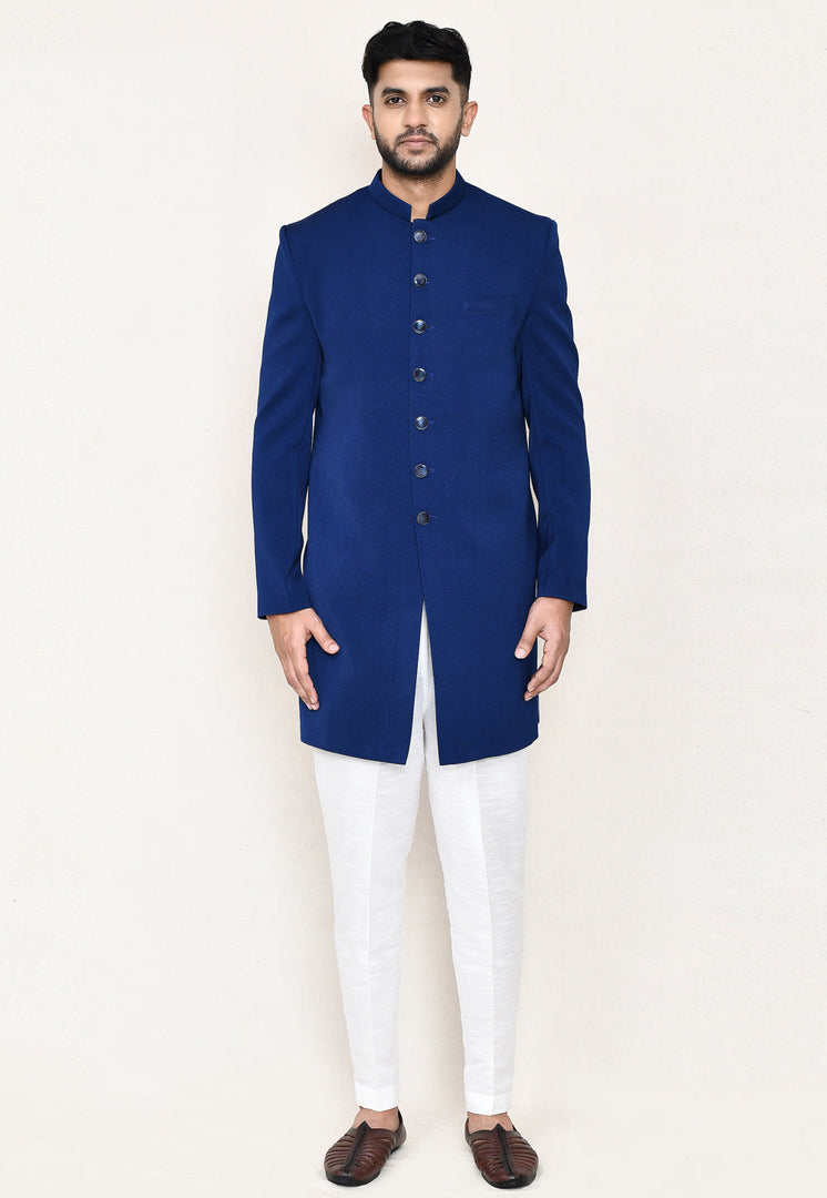 Blue Jacquard Jacket Style Sherwani