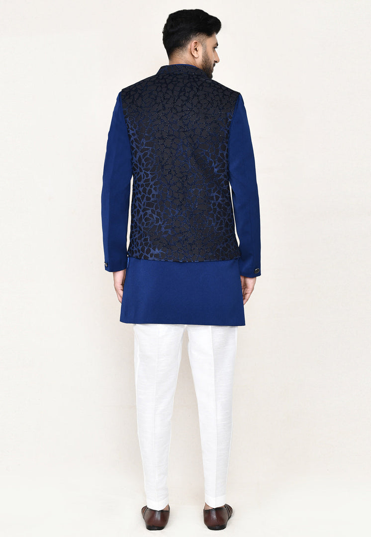 Blue Jacquard Jacket Style Sherwani