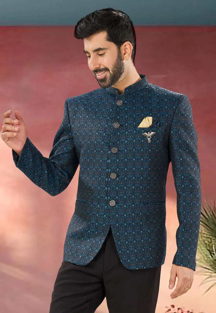 Blue Jacquard Jodhpuri Suit
