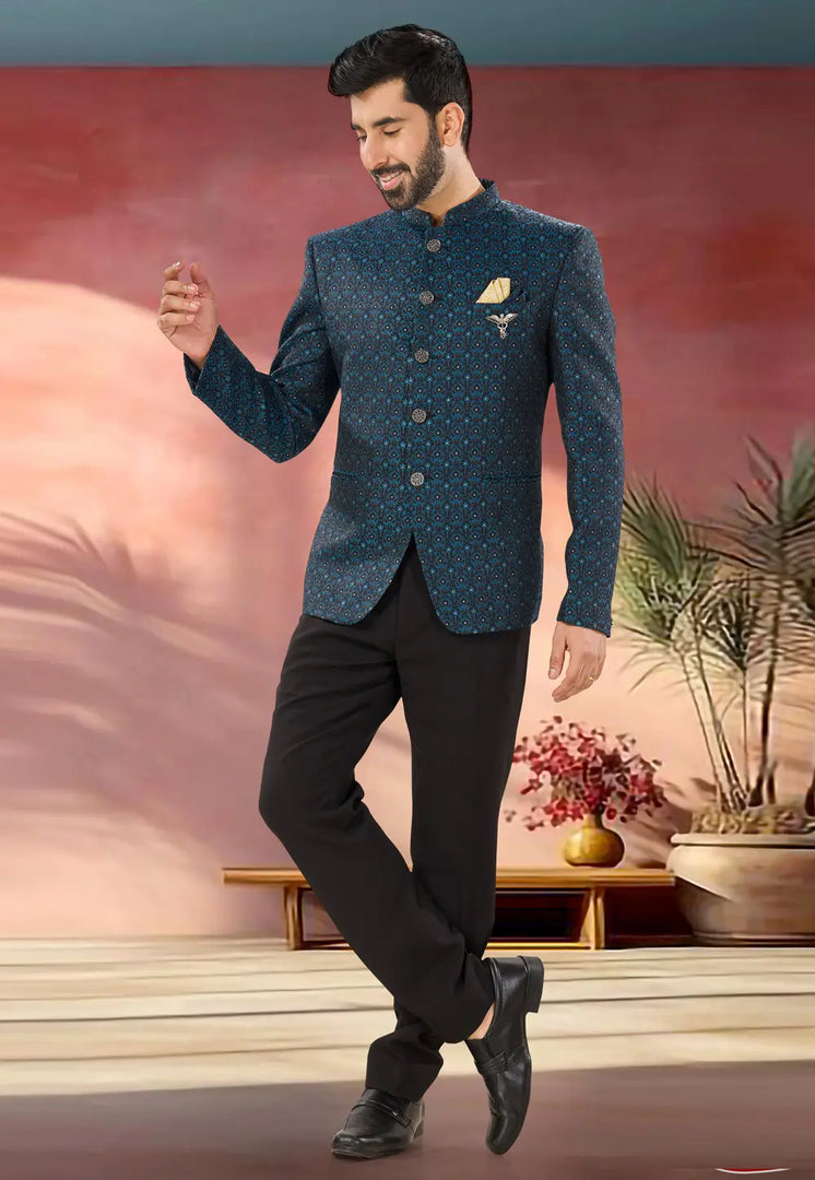 Blue Jacquard Jodhpuri Suit