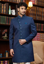Load image into Gallery viewer, Blue Jacquard Silk Indo Western Sherwani

