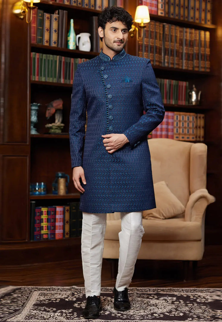 Blue Jacquard Silk Indo Western Sherwani