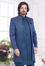 Load image into Gallery viewer, Blue Jacquard Silk Jacket Style Sherwani
