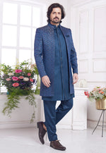 Load image into Gallery viewer, Blue Jacquard Silk Jacket Style Sherwani
