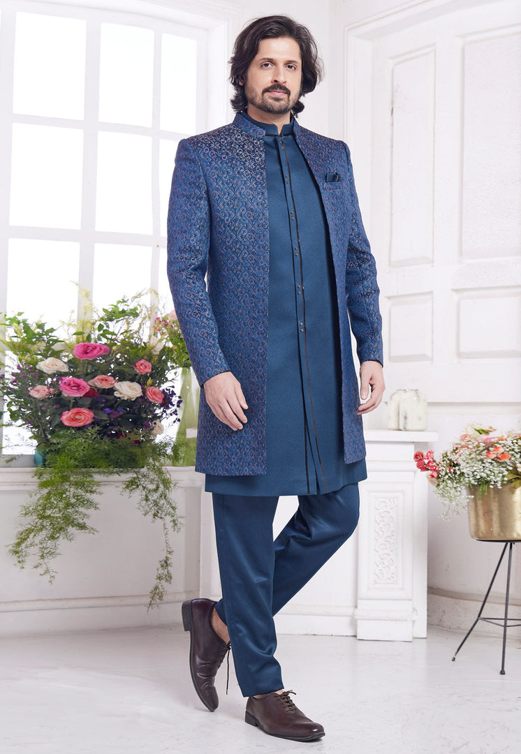 Blue Jacquard Silk Jacket Style Sherwani