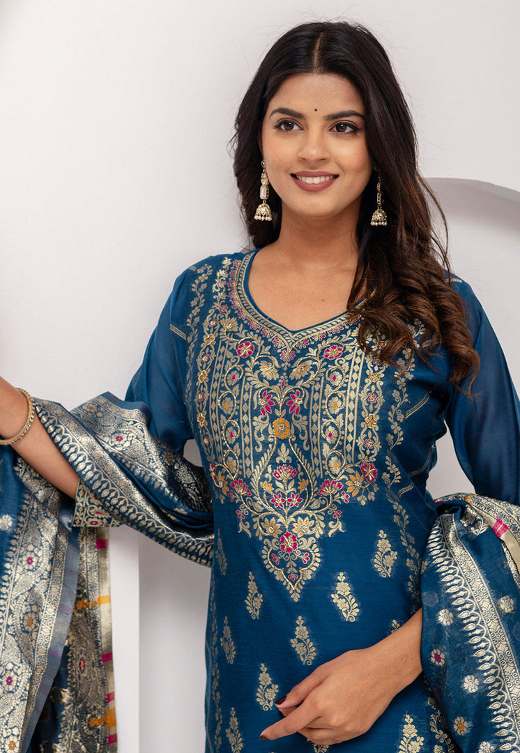 Blue Jacquard Silk Readymade Pant Style Suit