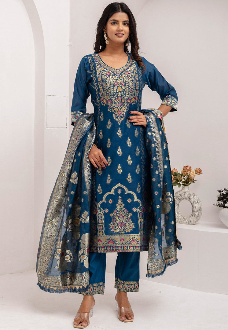 Blue Jacquard Silk Readymade Pant Style Suit