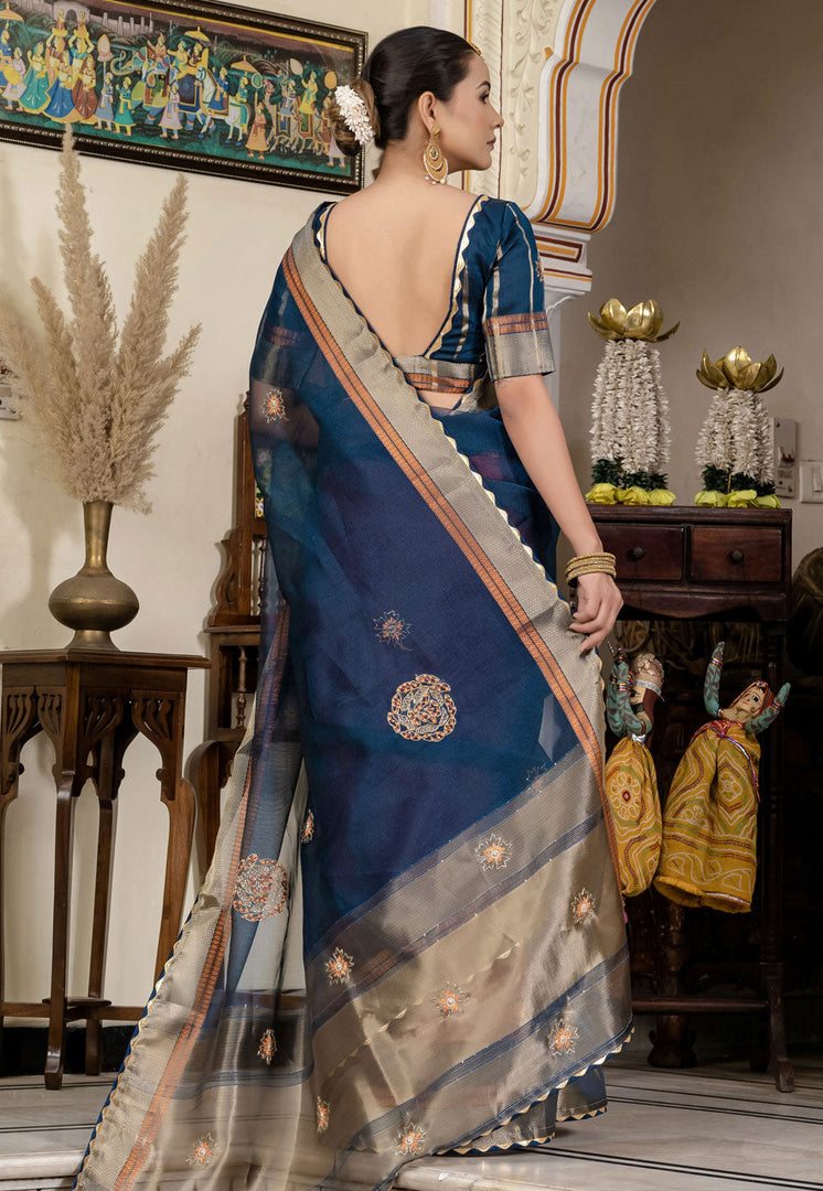 Blue Linen Saree With Blouse