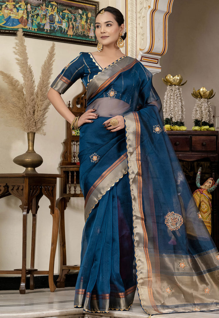 Blue Linen Saree With Blouse