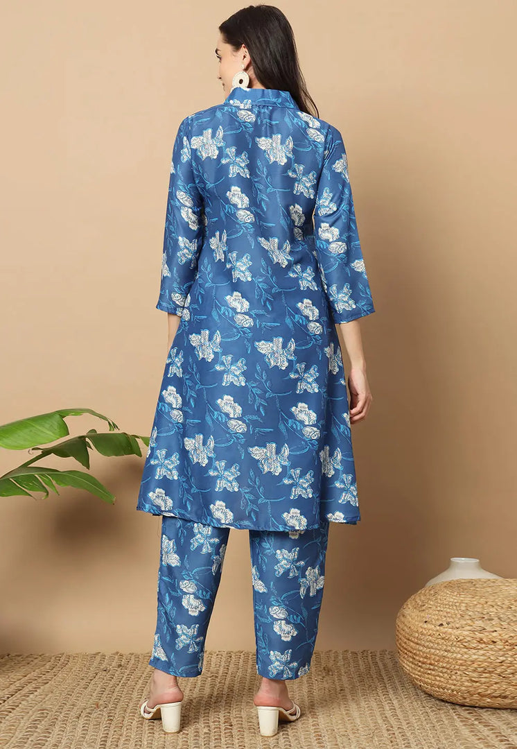 Blue Muslin Kurta Set With Pent
