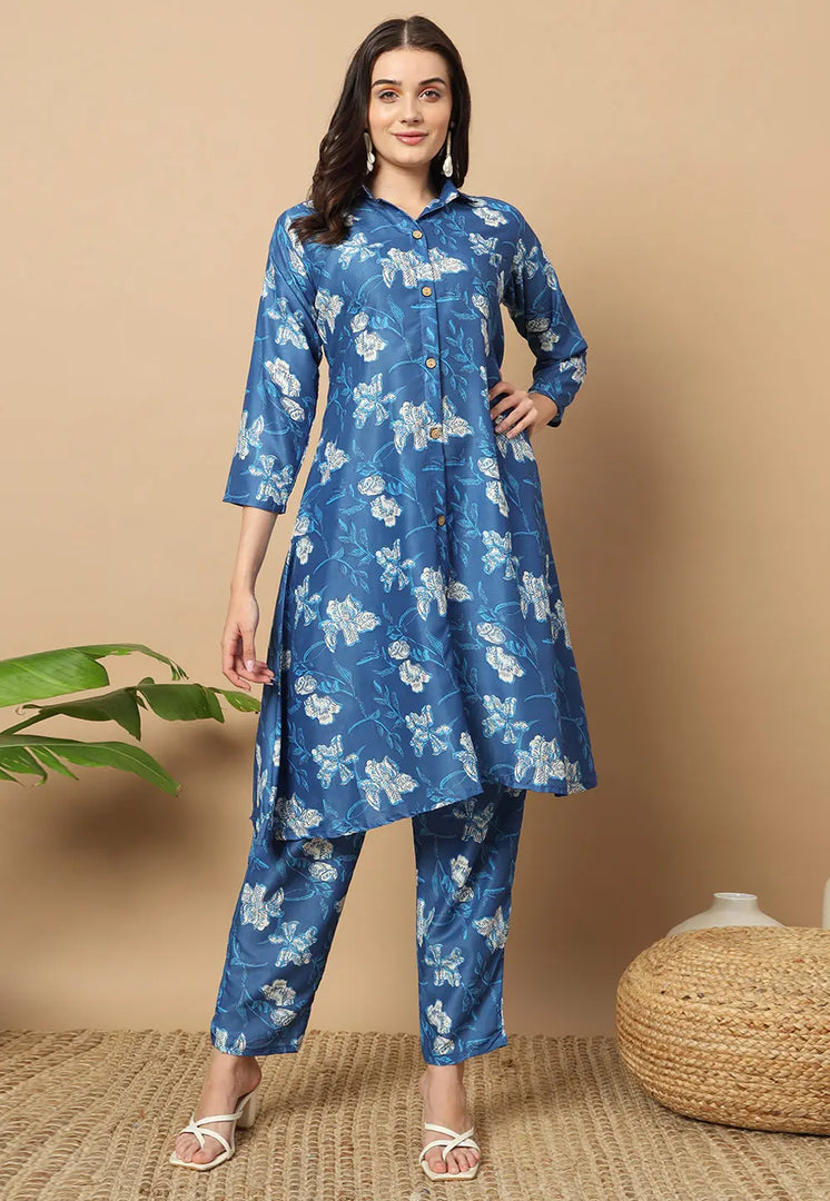 Blue Muslin Kurta Set With Pent