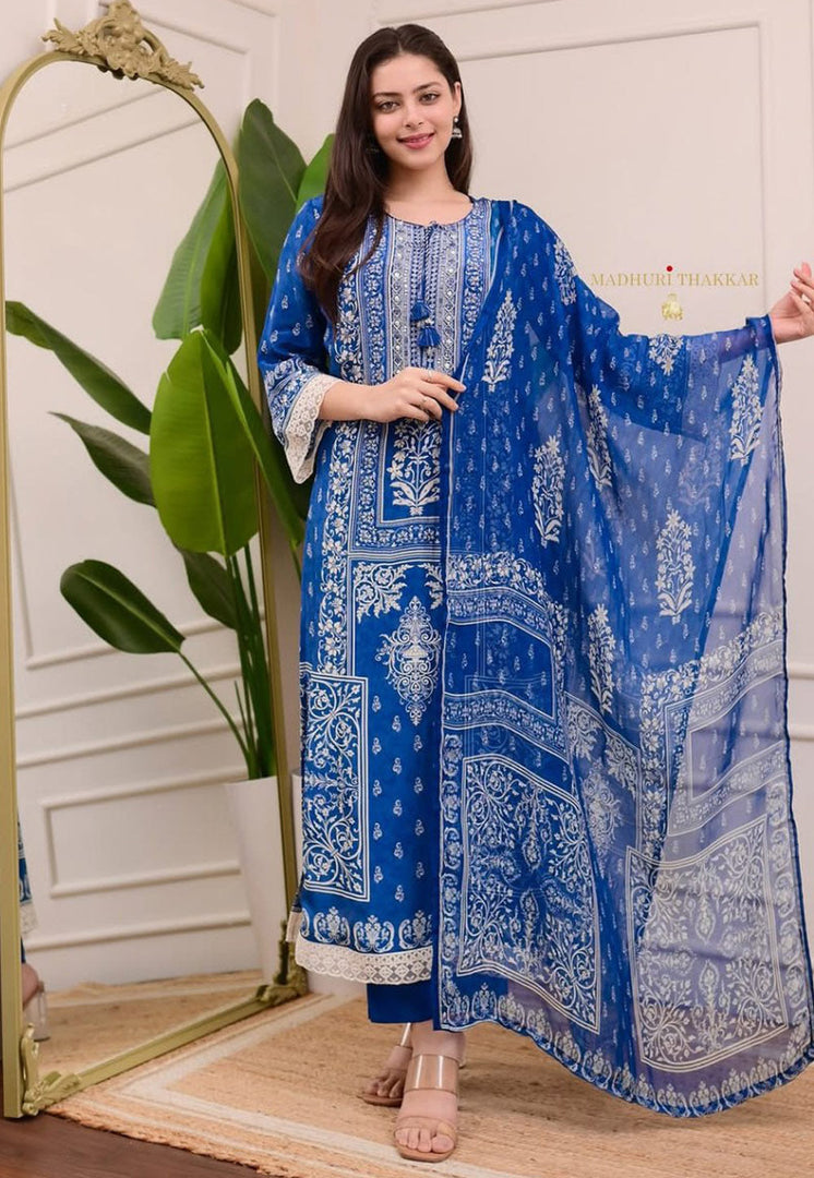 Blue Muslin Readymade Pant Style Suit