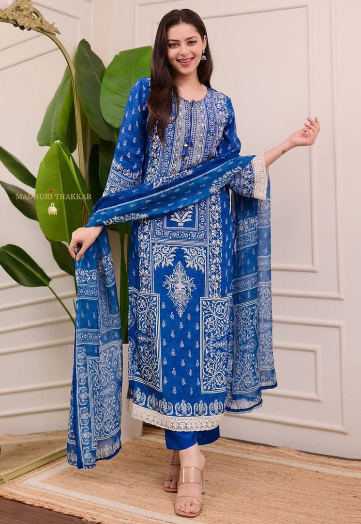 Blue Muslin Readymade Pant Style Suit