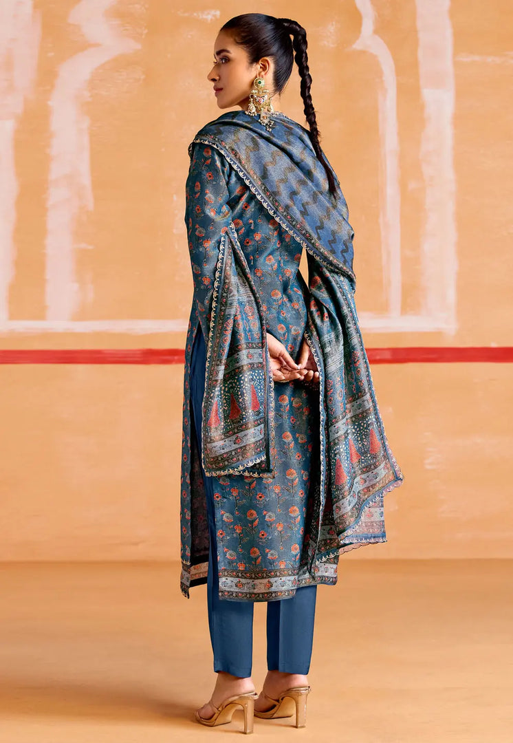 Blue Muslin Straight Suit