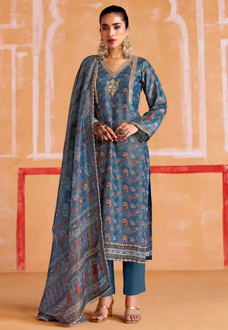 Blue Muslin Straight Suit