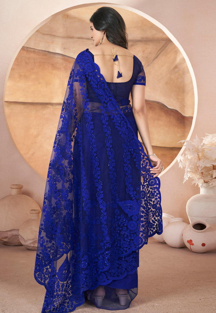 Blue Net Saree With Blouse