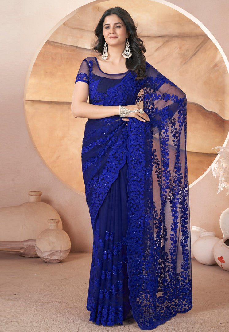Blue Net Saree With Blouse