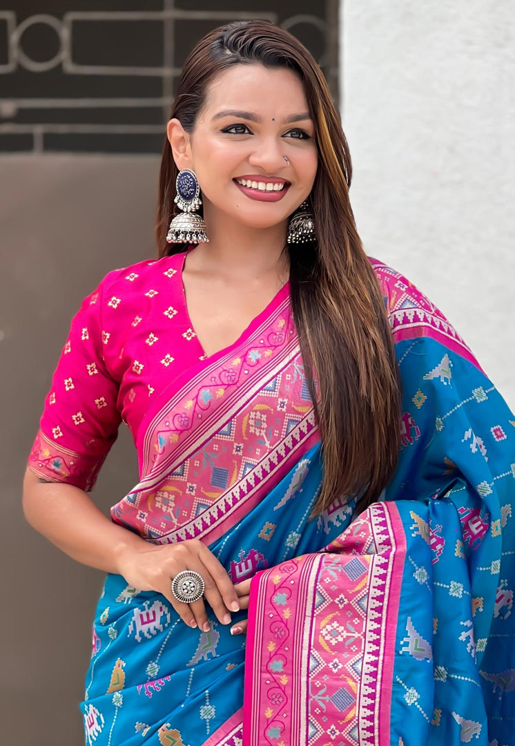 Blue Patola Silk Saree With Blouse