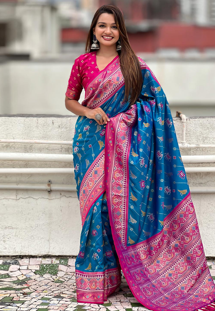 Blue Patola Silk Saree With Blouse