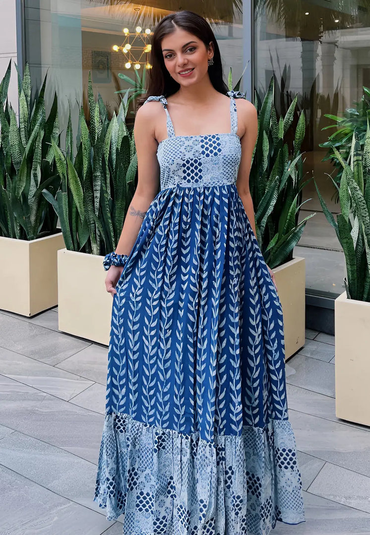 Blue Rayon Printed Gown