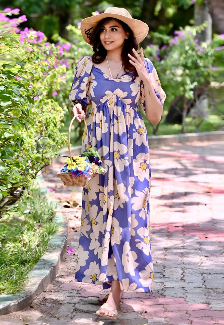 Blue Rayon Printed Gown