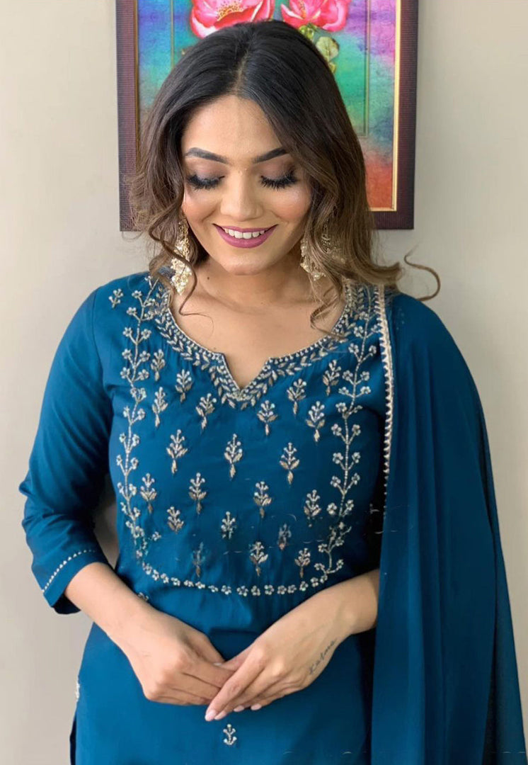 Blue Rayon Readymade Pant Style Suit