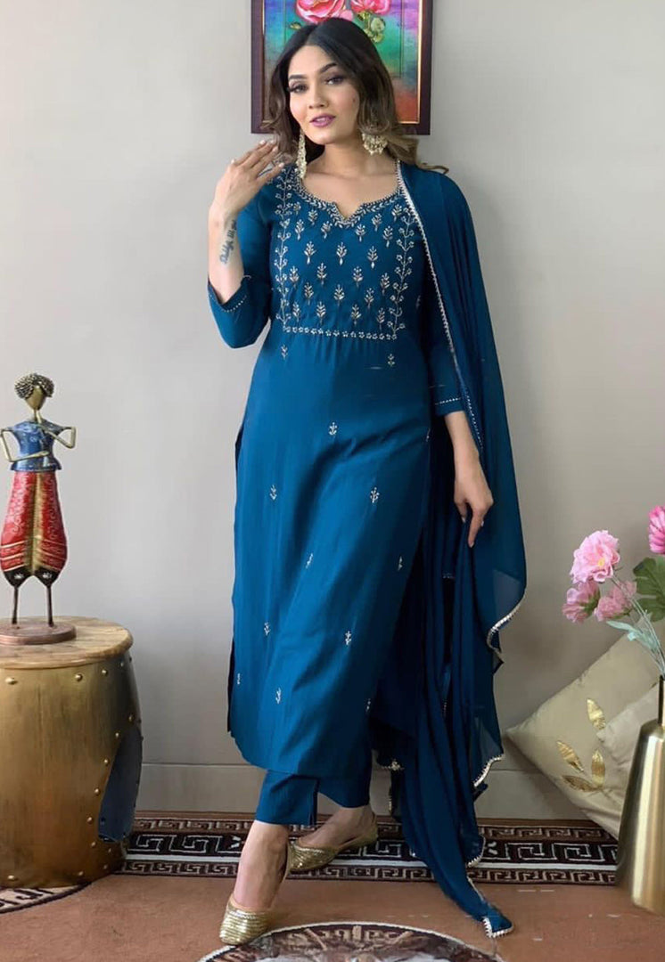 Blue Rayon Readymade Pant Style Suit