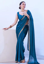 Load image into Gallery viewer, Blue Satin Chiffon Saree With Blouse
