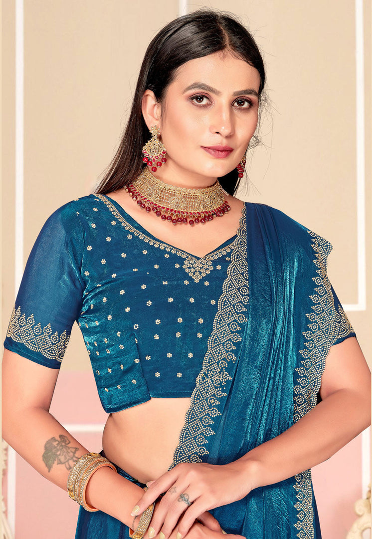 Blue Satin Silk Saree With Blouse