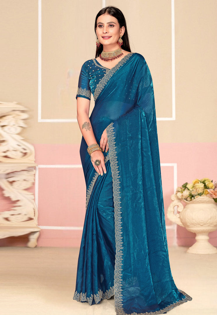 Blue Satin Silk Saree With Blouse